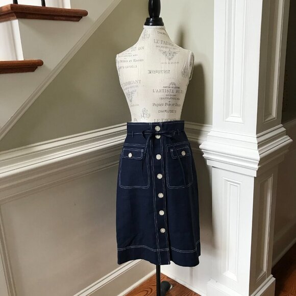 NWT JCrew Button Up Skirt Womens 8 T Tall Navy Blue Straight Stretch Linen NEW - Picture 6 of 15